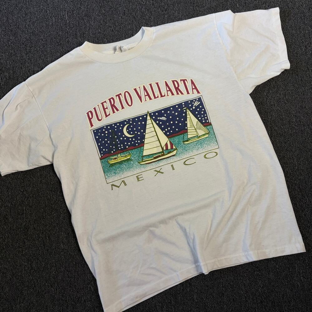 Vintage Y2k Puerto Vallarta Beach Mexico White Graphic Tee Men's XL OS